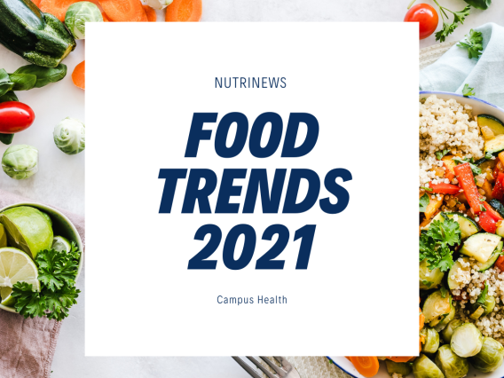 Photo of vegetables and one bowl of vegetables, text reads: Food Trends 2021